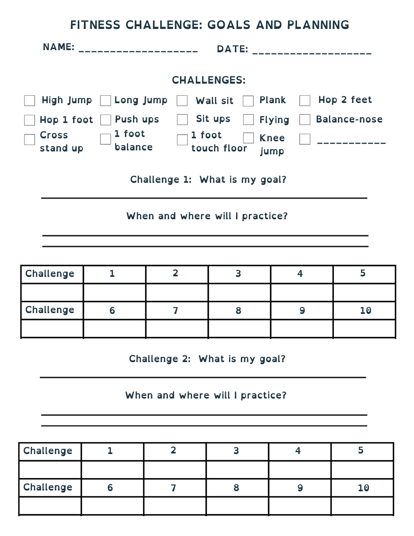 Fitness Challenge Goal and Planning Tool