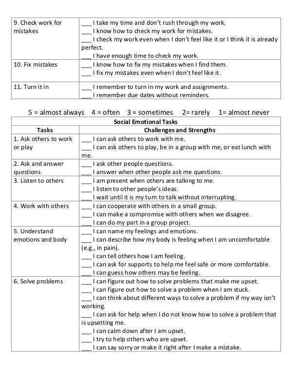 Self Assessment of School Tasks and Challenges