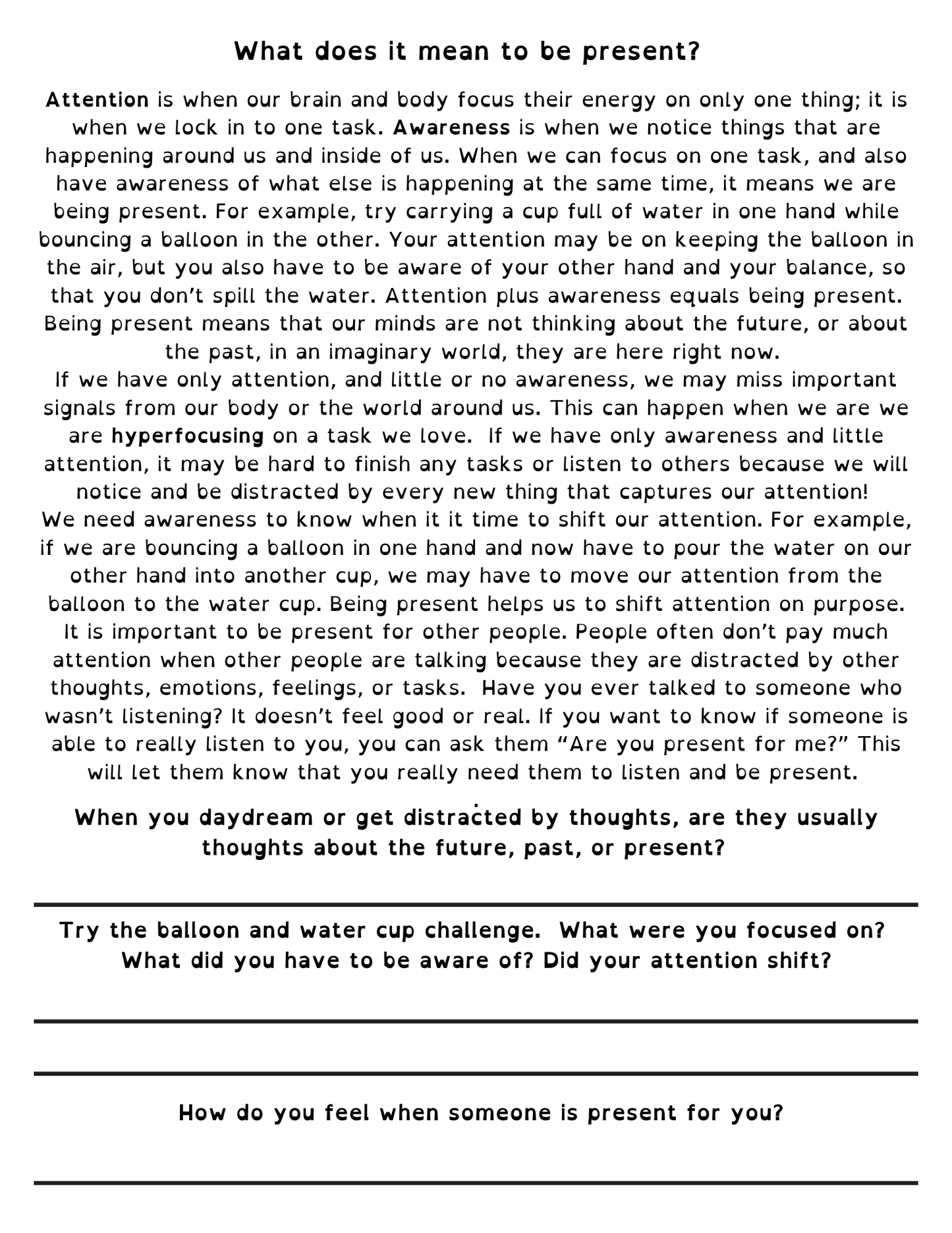Focus, Being Present and Fidgeting Lesson