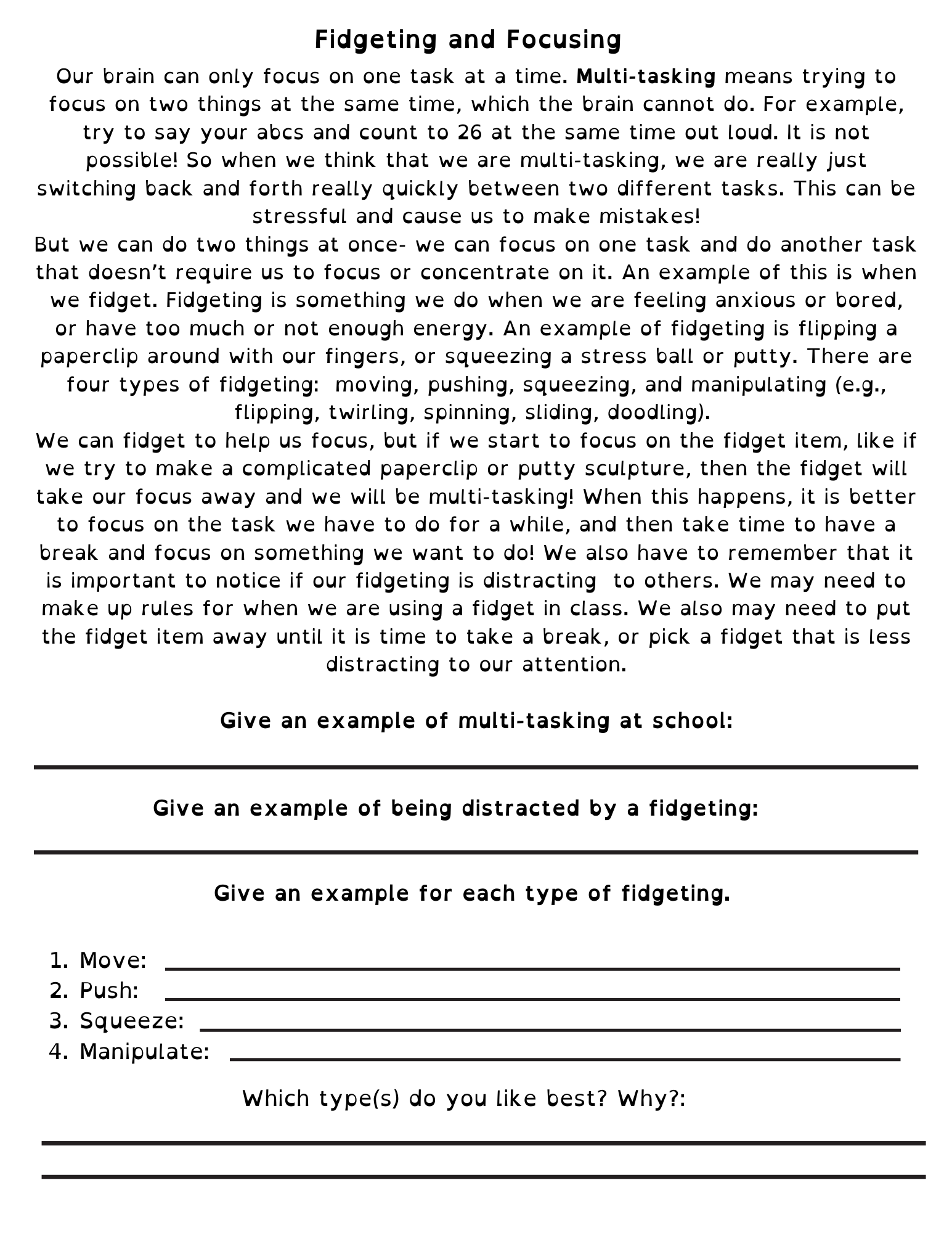 Focus, Being Present and Fidgeting Lesson – Little Lotus Therapy