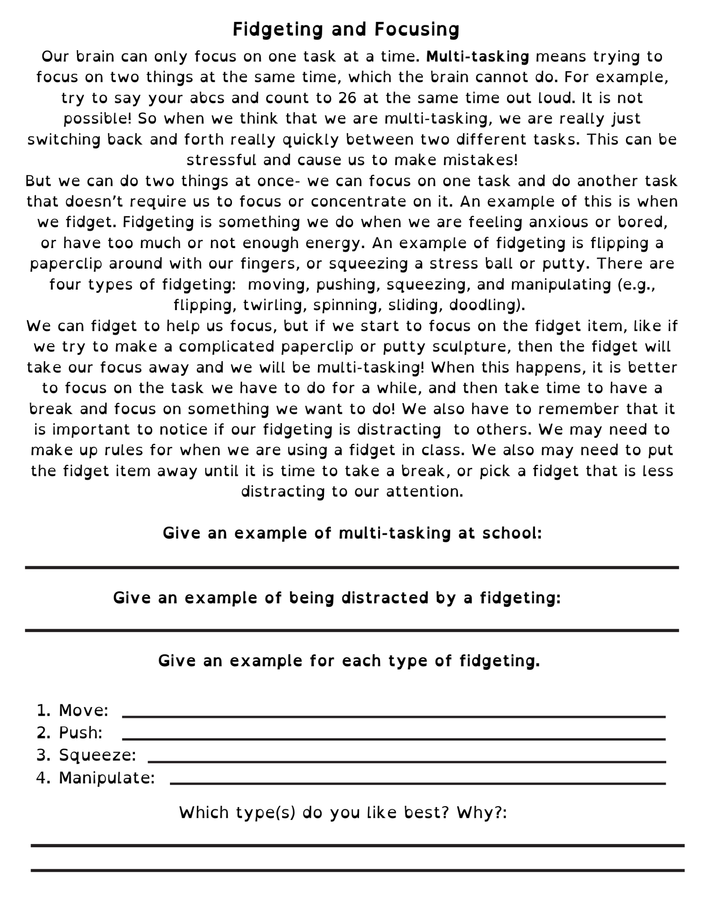 Focus, Being Present and Fidgeting Lesson
