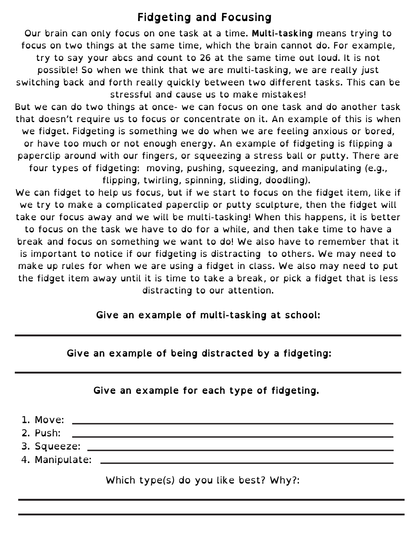 Focus, Being Present and Fidgeting Lesson
