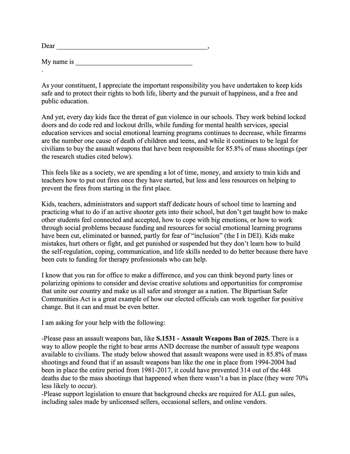 Template letter to advocate for nonviolence in schools