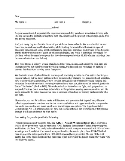 Template letter to advocate for nonviolence in schools
